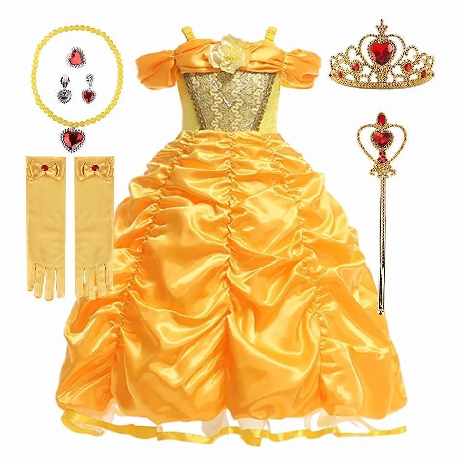Girl Princess Dress Beauty And Beast Cosplay Costume Belle Praty Yellow Luxury Wedding Ball Gown Kid Carvinal Fancy Clothes