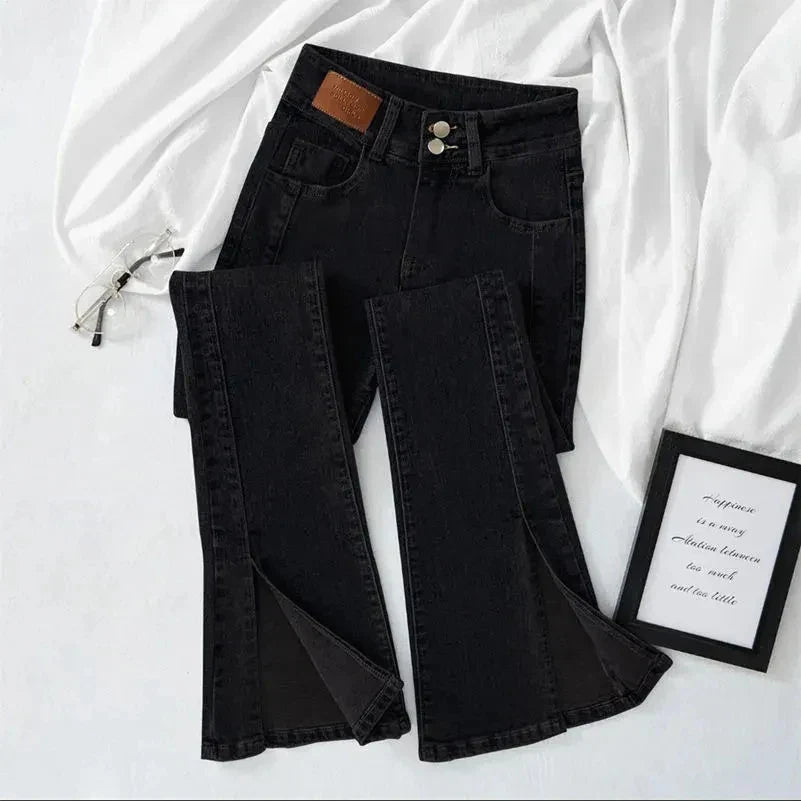 High-waist Stretch Split Flare Jeans Denim Trousers