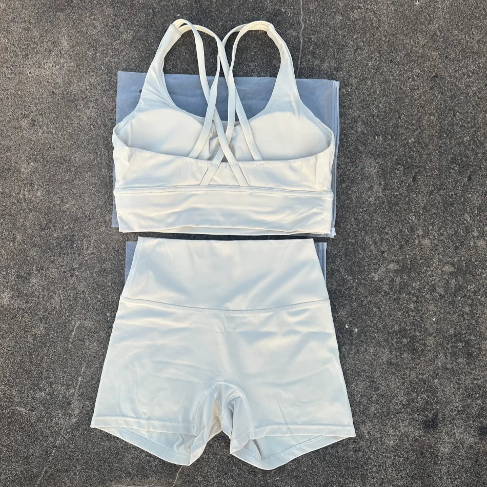 Solid Color gym bike Yoga Set short Legging +cross sport bra Tracksuit  Athletic Women Gym Suit Comprehensive Training Jogging
