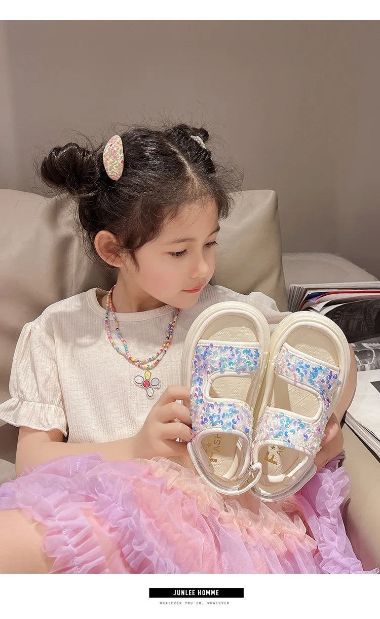 Summer Children's Sandals Sequins Thick Soled Girls Causal Princess Open-toe Sandals Fashion Non-slip Kids Beach Shoes Versatile