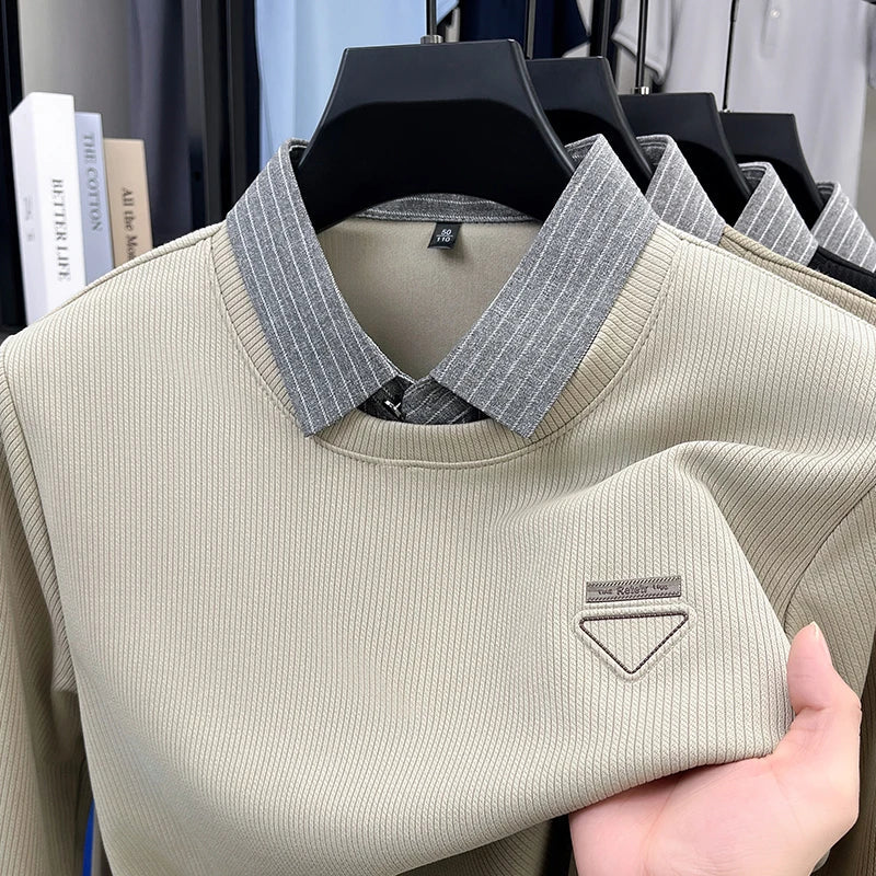 High Quality Men's Polo Shirt Contrast Color Lapel Long Sleeve T-Shirt Autumn New Exquisite Print Top Casual Business Menswear