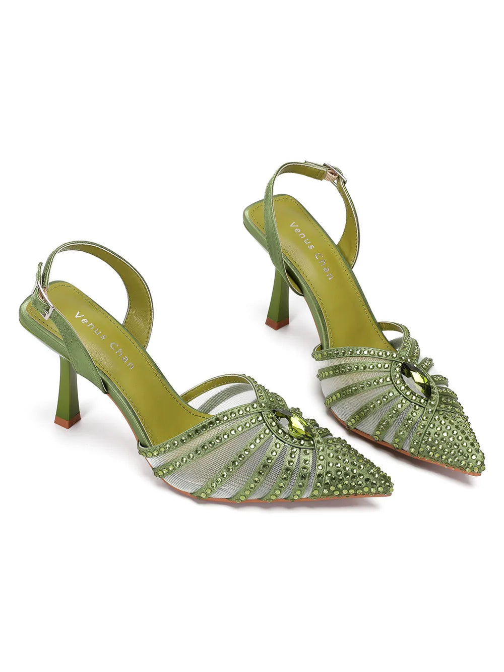 Elegant Fruit Green Women's Heels and Rhinestone Handbag Set - Italian Design for Weddings and Parties