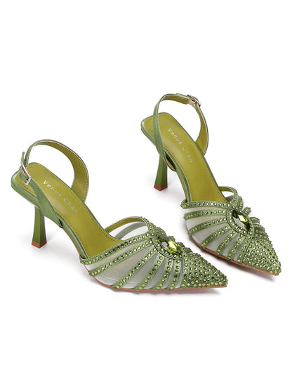 Elegant Fruit Green Women's Heels and Rhinestone Handbag Set - Italian Design for Weddings and Parties