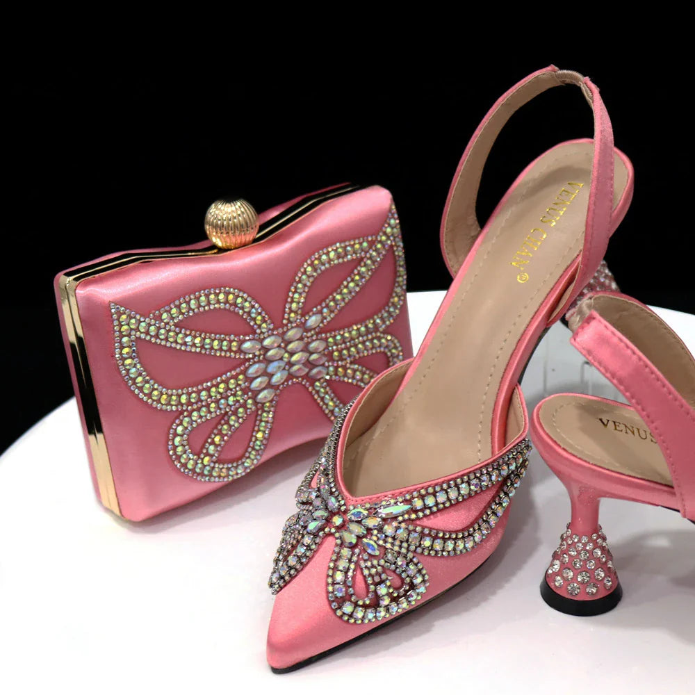 Yellow Classy Bowknot Pointed Toe Women's Shoes High Heel Elegant Sandals Shallow Mouth Shoes Bag Set Women