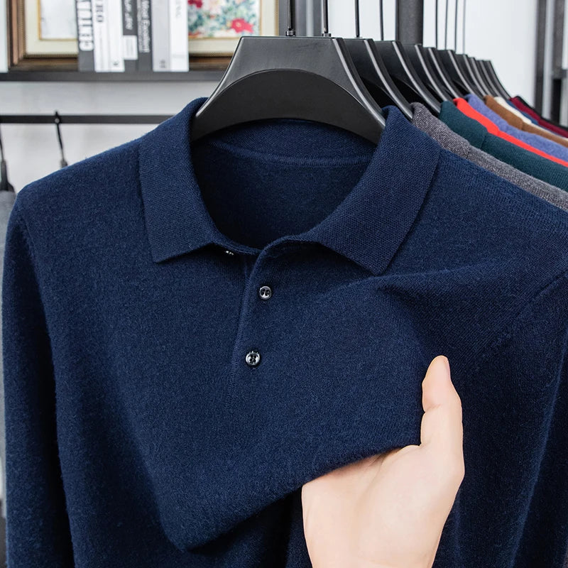 Original Quality Men's Polo Shirt Exquisite Simple Long Sleeve Knitted Lapel Sweater Autumn Winter Business Casual Menswear Top