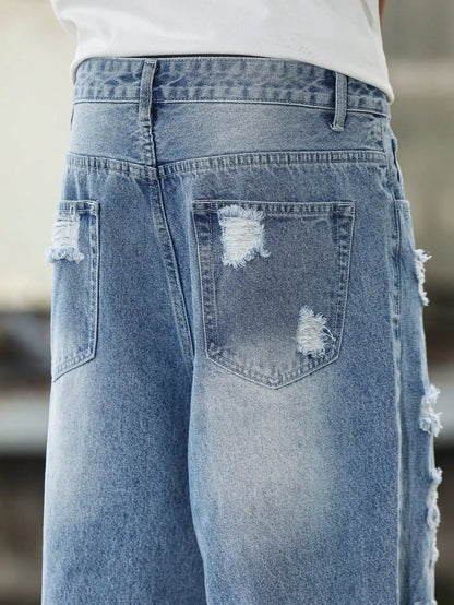 Men's Blue Ripped Denim Harem Pants for Spring and Autumn. Street Fashion. Casual Trend 。