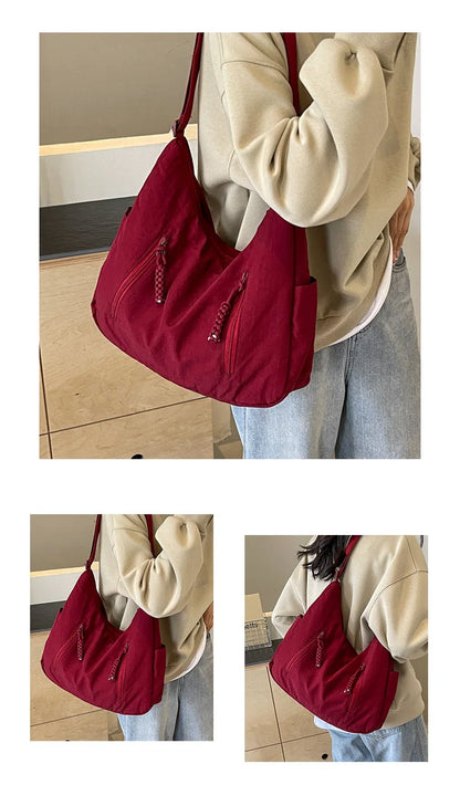 Summer Women Solid Color Shoulder Bag Fashion Lightweight Versatile Travel Crossbody Bag Commuter Nylon Large Capacity Hobo Bag