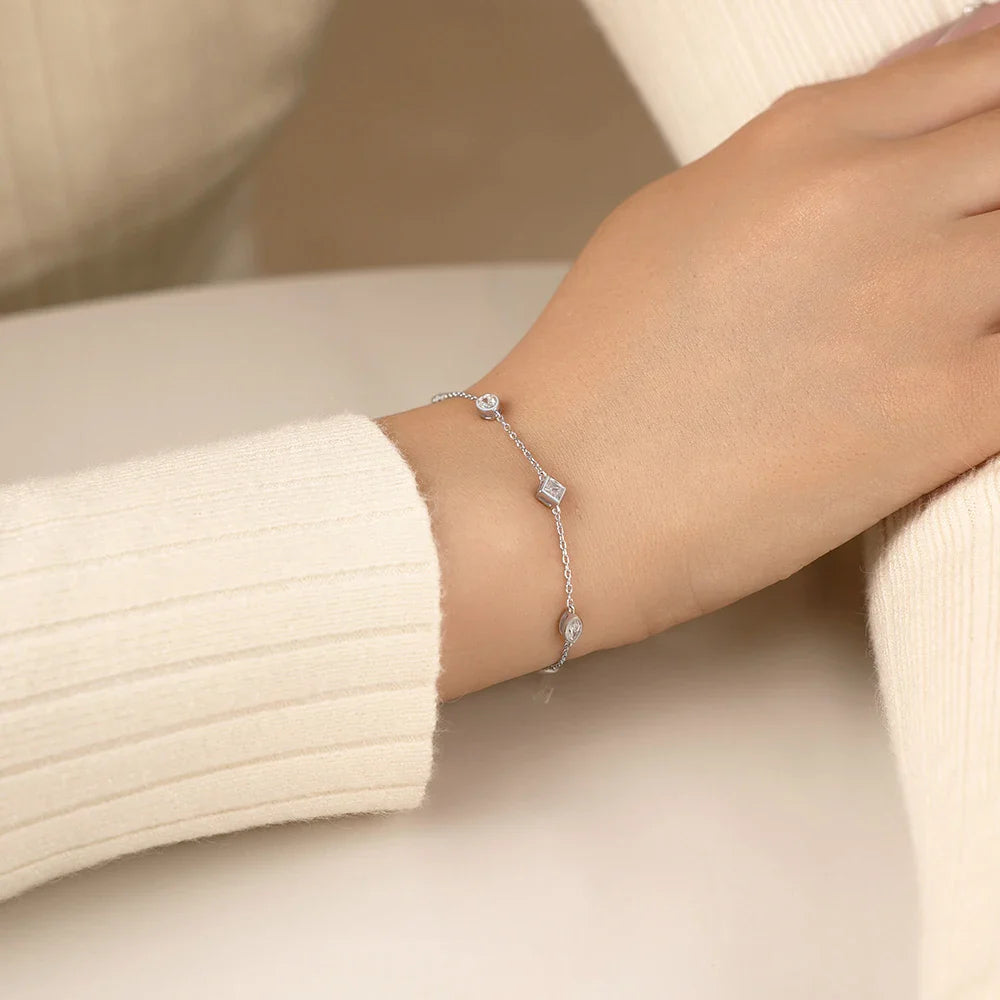 Mixed Cut Bezel Moissanite Bracelets for Women S925 Silver Adjustable Extension Chain Popular Jewelry for Wedding Party