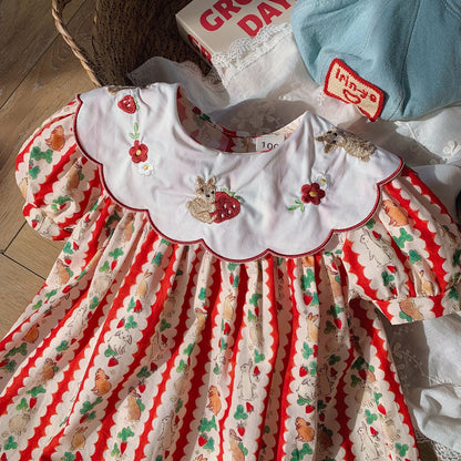 Kid Girl Adorable Short Sleeve Dress Red White Vertical Stripes Bunny Strawberry Print Peter Pan Collar Skirt for Children