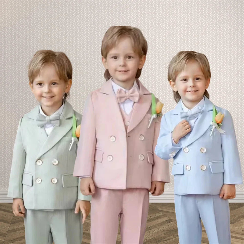 Macaroon Colorful Toddler Suit Set Double Breasted Kids Suits Blazer Pants Bow-tie Brooch Boy's Formal Tuxedo Dresswear