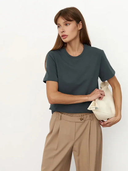 Summer 100% Cotton Women's T-shirt Bottoming Basic Fashionable Solid Lady Short Sleeve Loose Tops Shirts 230g/㎡ Tops