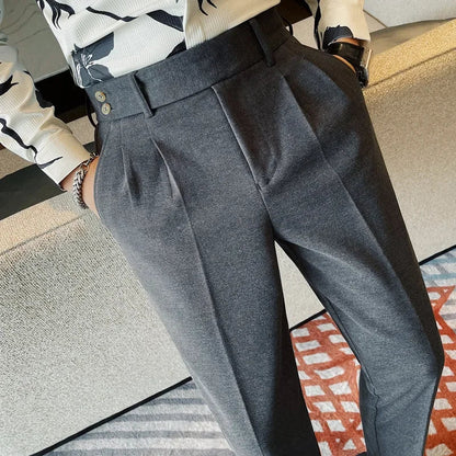Men's Slim Fit Naples Business Casual Trousers Made of Autumn and Winter Wool, Thickened for Warmth, Classic Ankle-length Pants.