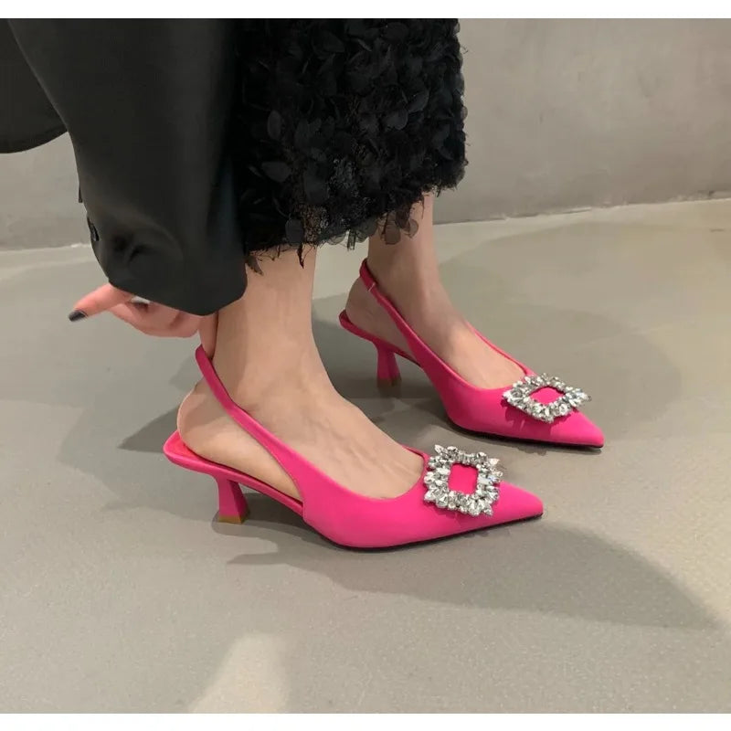 Women Sandals Summer Pointed Toe Slingback Mules Shoes Woman Fashion Rhinestone Ladies High Heels Sexy Pumps Party Dress Shoes