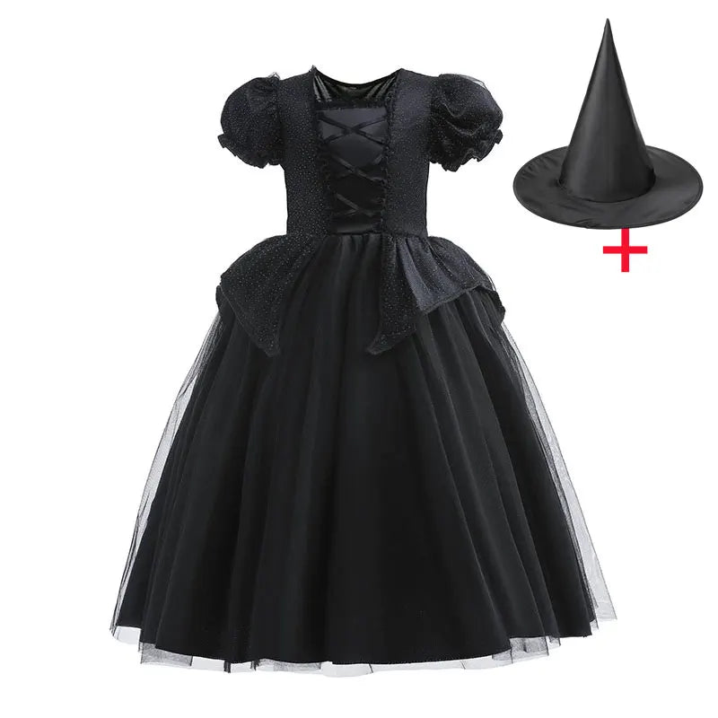 Black Princess Witch Dress with Hat Halloween 2025 Wizard Costume Play Girl Carnival Street Party Apparel Villain Witch Vestidos