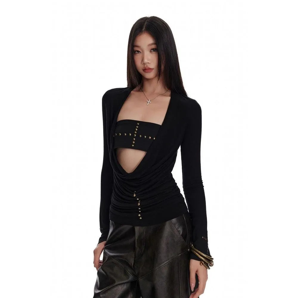 Y2k Japanese T Shirt Women Black Rivet Punk Tops Swing Collar Streetwear Two Pieces Tops American Retro 90s Tshirts