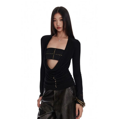 Y2k Japanese T Shirt Women Black Rivet Punk Tops Swing Collar Streetwear Two Pieces Tops American Retro 90s Tshirts