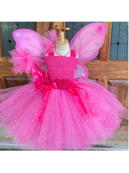 Girls Pink Glitter Tulle Dress Kids Butterfly Fairy Tutu Dresses with Wing and Stick Hairbow Children Halloween Cosplay Costume