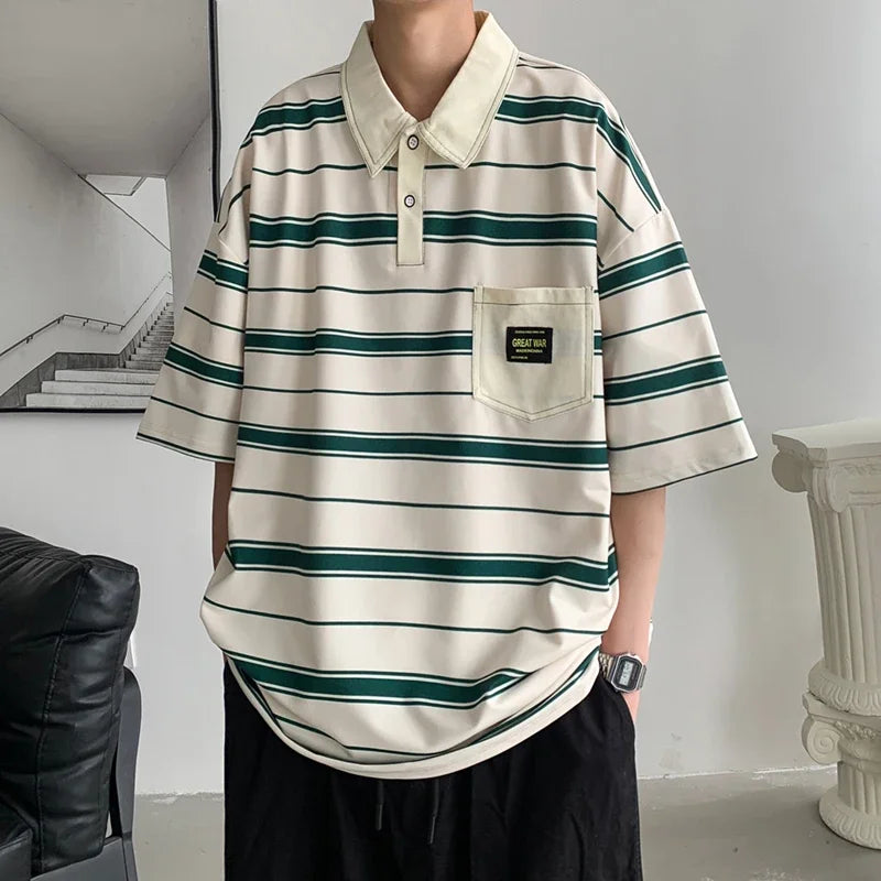 2024 New Summer Men POLO Shirt Trend Loose Clothing Students Short-sleeved T Shirt Tops Round Neck Five-quarter Sleeve Harajuku