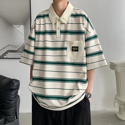 2024 New Summer Men POLO Shirt Trend Loose Clothing Students Short-sleeved T Shirt Tops Round Neck Five-quarter Sleeve Harajuku