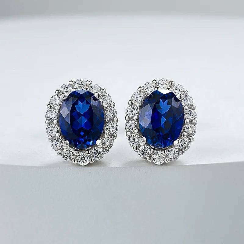 Classic Oval 6*8mm Red/Blue Zircon Stud Earrings For Women 100% 925 Sterling Silver Sparkling Wedding Fine Jewelry