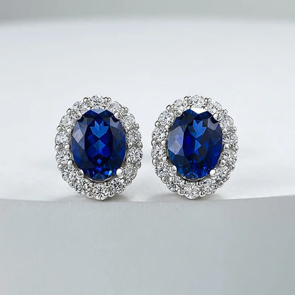 Classic Oval 6*8mm Red/Blue Zircon Stud Earrings For Women 100% 925 Sterling Silver Sparkling Wedding Fine Jewelry