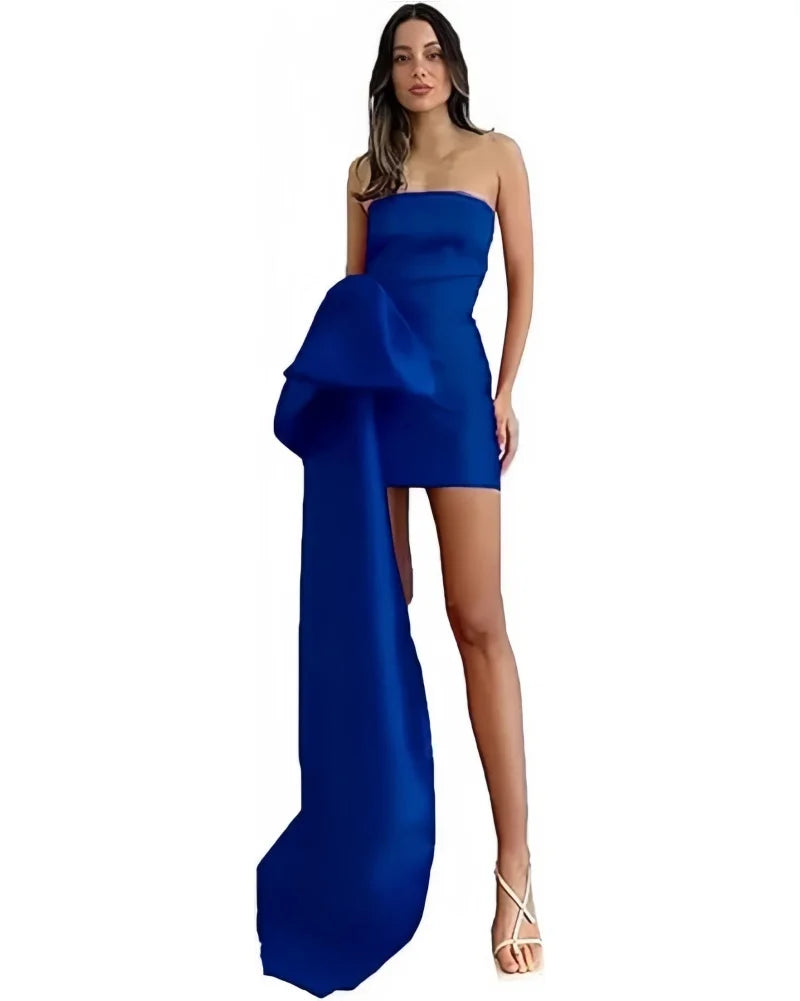 Satin Homecoming Dresses Short A Line Prom Dress Strapless Zipper Open Back Side Big Bow Mini Cocktail Gown Dance Party Dress