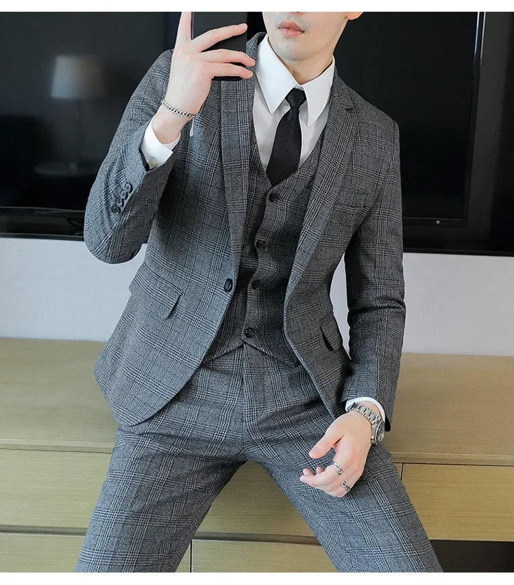 Hemp (blazer+Vest+Pants) Fashion Business Leisure Hosts Slim-fit Cotton Hemp Gentleman Wedding Work Wedding Suits for Men M-5XL