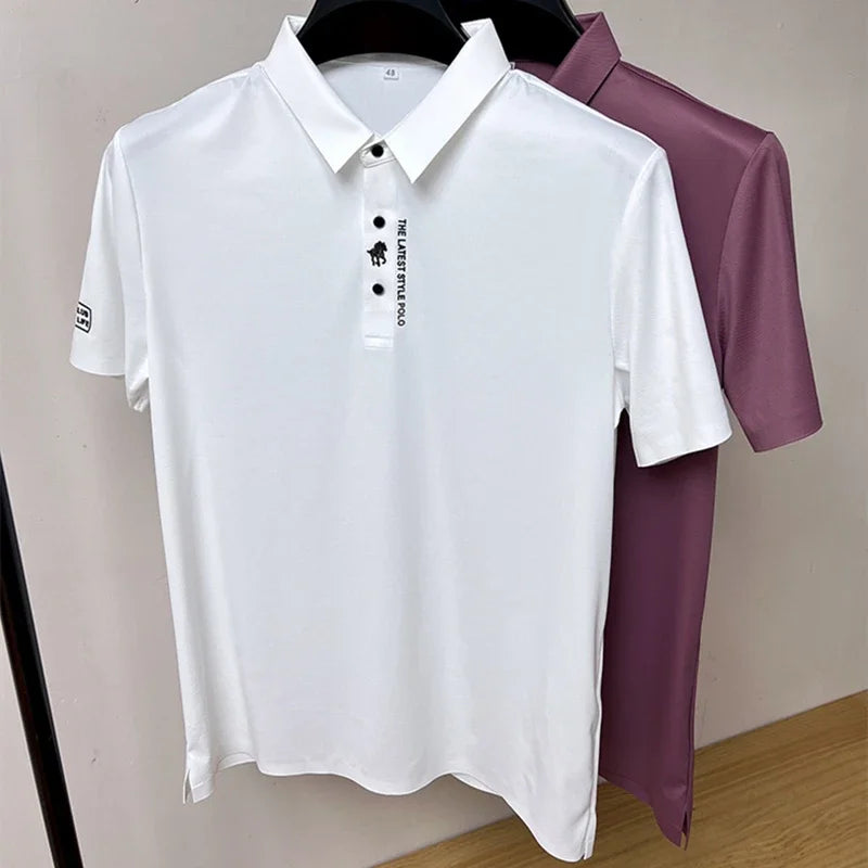 High quality silk breathable short sleeve POLO shirt men's lapel top 2024 summer new light luxury brand printed casual T-shirt