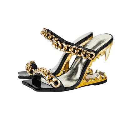 Big Gold Chain Peep Toe Tiger Teeth Heel Sandals 2024 New Fashion Silvery Beach Party Outdoors Women's Slippers Size 35-43
