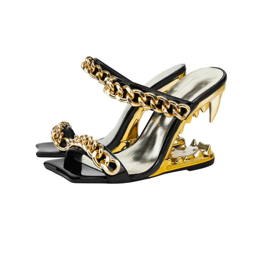 Big Gold Chain Peep Toe Tiger Teeth Heel Sandals 2024 New Fashion Silvery Beach Party Outdoors Women's Slippers Size 35-43