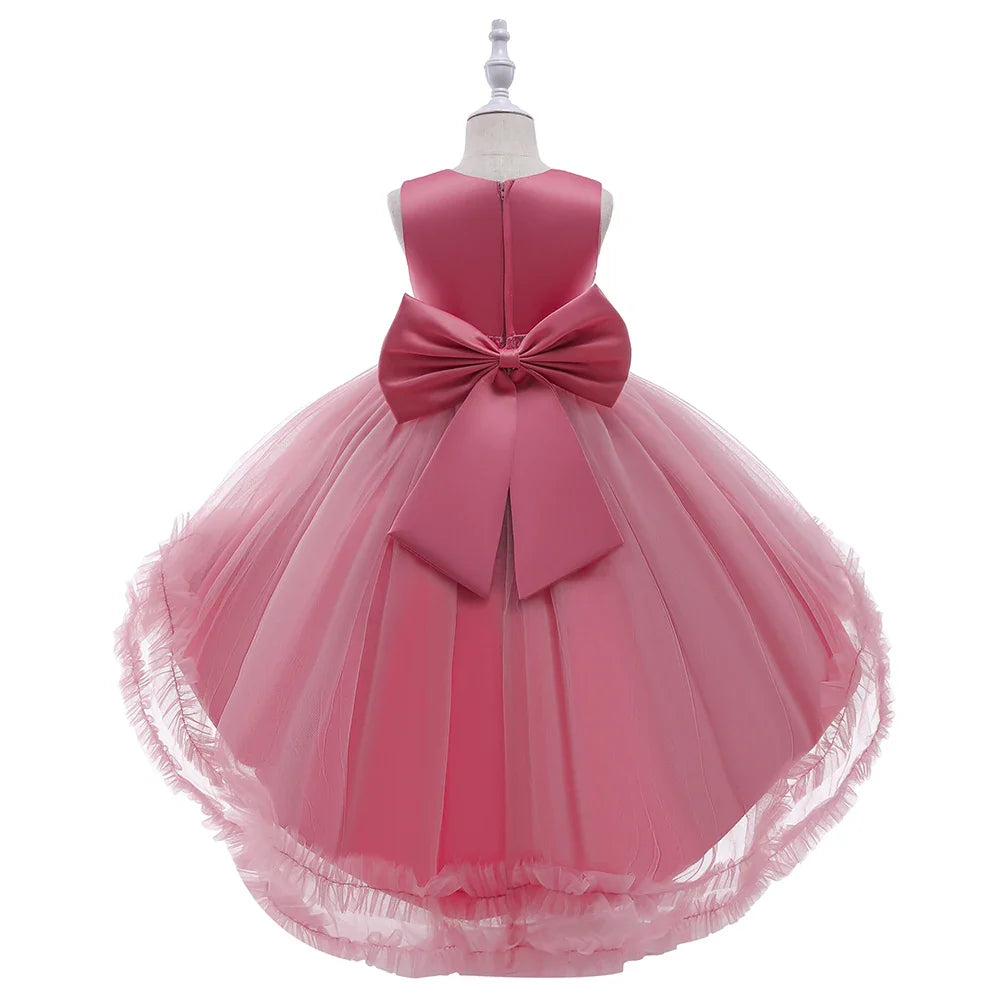 Elegant Trailing Flower Party Girls Dress Summer Wedding Bridesmaid Princess Prom Dress Girl Tull Bow Birthday Evening Ball Gown