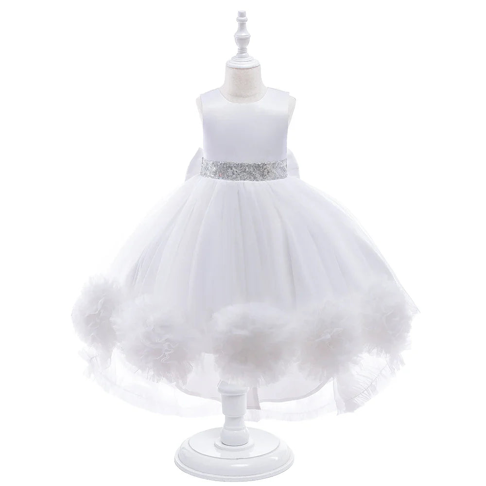 Elegant Trailing Flower Party Girls Dress Summer Wedding Bridesmaid Princess Prom Dress Girl Tull Bow Birthday Evening Ball Gown