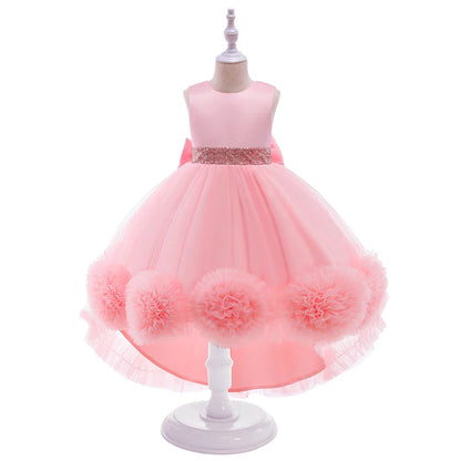 Elegant Trailing Flower Party Girls Dress Summer Wedding Bridesmaid Princess Prom Dress Girl Tull Bow Birthday Evening Ball Gown