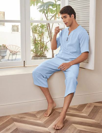 Summer Cotton Linen Shirt Set Men's Casual Outdoor 2-Piece Suit Andhome Clothes Pajamas Comfy Breathable Beach Short Sleeve Sets