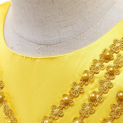 Vestido de festa infantil dourado de verão com laço para meninas Fantasia infantil elegante Flor Casamento Aniversário Vestidos de princesa Roupa de noite para meninas