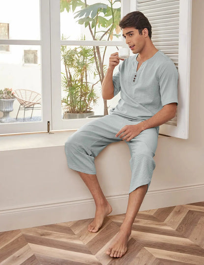 Summer Cotton Linen Shirt Set Men's Casual Outdoor 2-Piece Suit Andhome Clothes Pajamas Comfy Breathable Beach Short Sleeve Sets