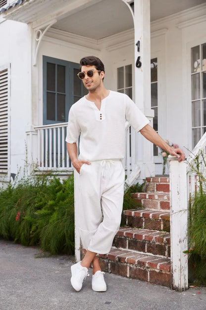 Summer Cotton Linen Shirt Set Men's Casual Outdoor 2-Piece Suit Andhome Clothes Pajamas Comfy Breathable Beach Short Sleeve Sets