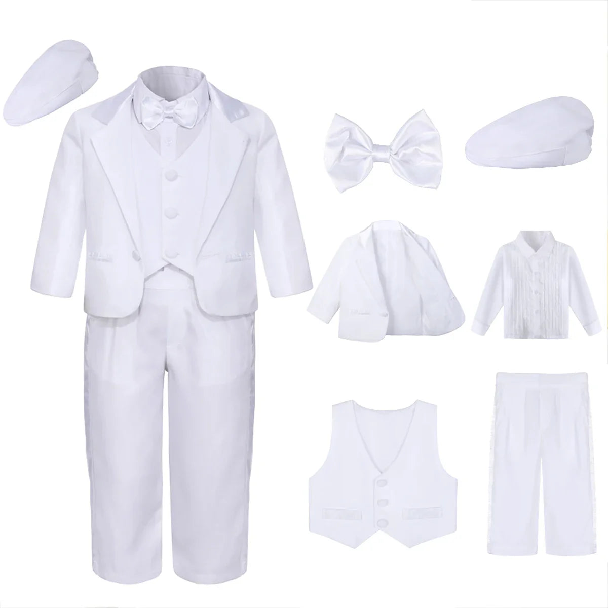 Baby Boy Baptism Outfit Infant White Christening Suit with Hat Toddler Wedding Birthday Party Clothing Long Sleeved Tuxedo 5PCS