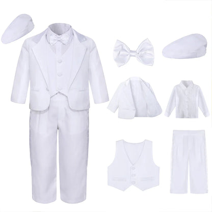 Baby Boy Baptism Outfit Infant White Christening Suit with Hat Toddler Wedding Birthday Party Clothing Long Sleeved Tuxedo 5PCS