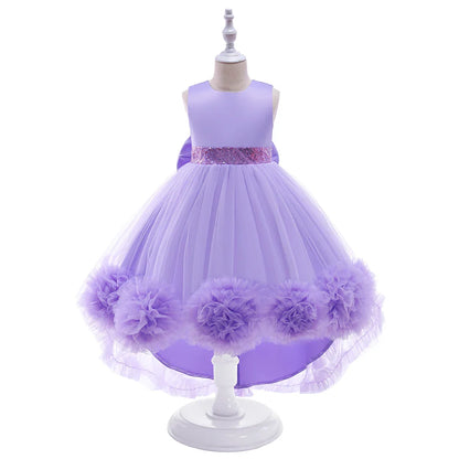 Elegant Trailing Flower Party Girls Dress Summer Wedding Bridesmaid Princess Prom Dress Girl Tull Bow Birthday Evening Ball Gown