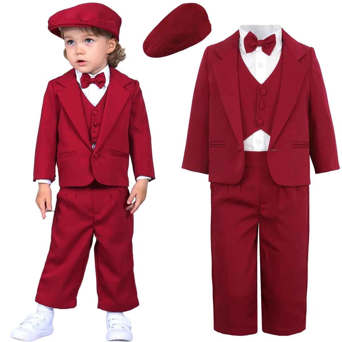 Baby Boy Baptism Outfit Infant White Christening Suit with Hat Toddler Wedding Birthday Party Clothing Long Sleeved Tuxedo 5PCS