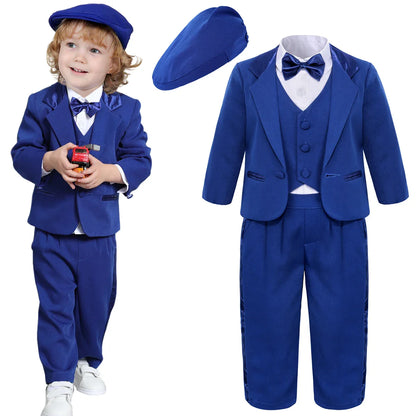 Baby Boy Baptism Outfit Infant White Christening Suit with Hat Toddler Wedding Birthday Party Clothing Long Sleeved Tuxedo 5PCS