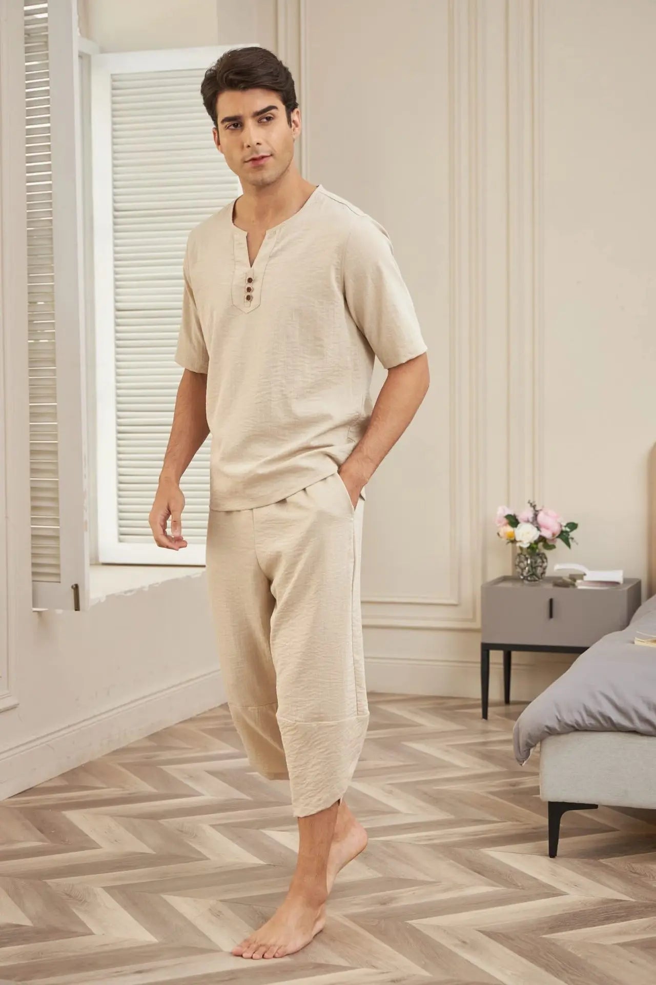 Summer Cotton Linen Shirt Set Men's Casual Outdoor 2-Piece Suit Andhome Clothes Pajamas Comfy Breathable Beach Short Sleeve Sets
