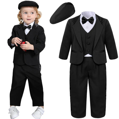 Baby Boy Baptism Outfit Infant White Christening Suit with Hat Toddler Wedding Birthday Party Clothing Long Sleeved Tuxedo 5PCS