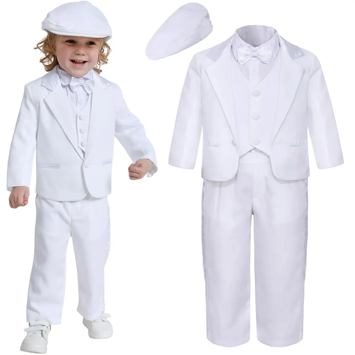 Baby Boy Baptism Outfit Infant White Christening Suit with Hat Toddler Wedding Birthday Party Clothing Long Sleeved Tuxedo 5PCS