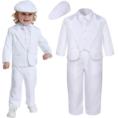 Baby Boy Baptism Outfit Infant White Christening Suit with Hat Toddler Wedding Birthday Party Clothing Long Sleeved Tuxedo 5PCS