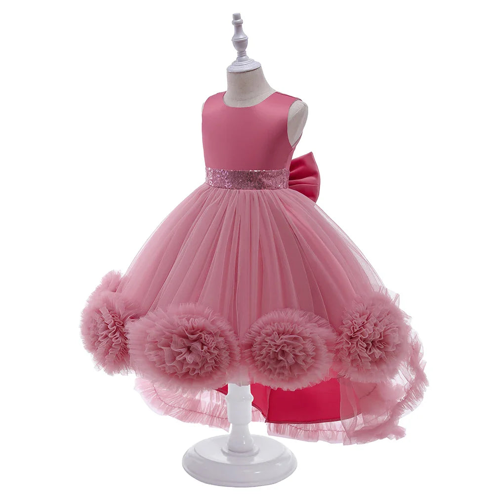 Elegant Trailing Flower Party Girls Dress Summer Wedding Bridesmaid Princess Prom Dress Girl Tull Bow Birthday Evening Ball Gown