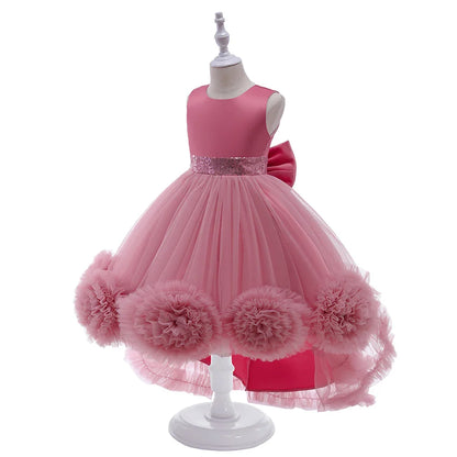 Elegant Trailing Flower Party Girls Dress Summer Wedding Bridesmaid Princess Prom Dress Girl Tull Bow Birthday Evening Ball Gown