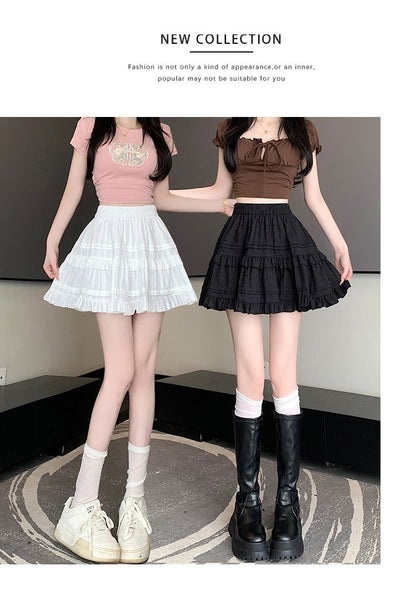 Kawaii White High Waist Pleated Mini Skirts for Women Summer Slim A-Line Skirt Y2K Versatile Puff Tiered Faldas for Girls Female