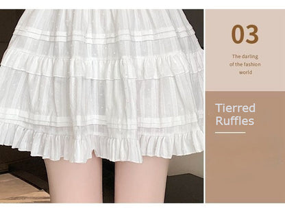 Kawaii White High Waist Pleated Mini Skirts for Women Summer Slim A-Line Skirt Y2K Versatile Puff Tiered Faldas for Girls Female